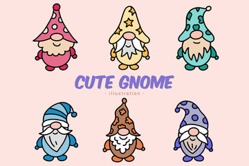Set of Cute Gnome Elf Hand Draw Cartoon Doodle Clipart Collection
