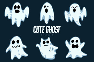 Fototapeta premium Set of Collection Cute Ghost Horror Cartoon flat design hand drawn Spooky emoji funny spirit doodle