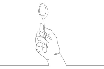 The hand holds a spoon for food. Traditional cutlery. Food preparation.One continuous line drawing. Line Art isolated white background.