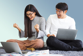 Excited lottery winning person. Cheerful fortune woman shocked with money received from online...