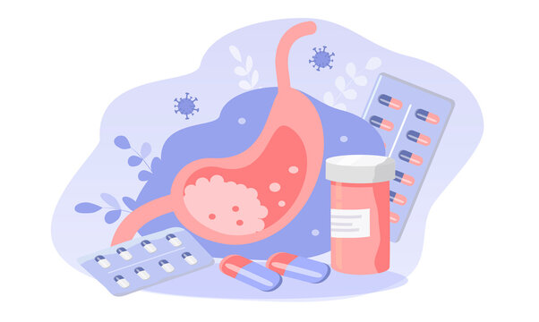 Vector Illustration In Flat Style On The Topic Of Gastroenterology. Stomach And Various Pills