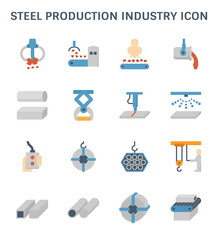 Production industry, manufacturing and metallurgy vector icon consist of worker, machine equipment i.e. overhead crane. To smelting, melting or casting product i.e. roll of steel coil or sheet, pipe.