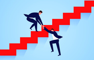 Friendship and help of businessman, businessman pulls up his companion who fell down the steps, businessman is given help when he is in trouble and difficulty
