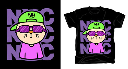 Hand drawn funky cat cartoon illustration t shirt design