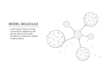 Model molecule with low poly wireframe on isolated white illustration - obrazy, fototapety, plakaty