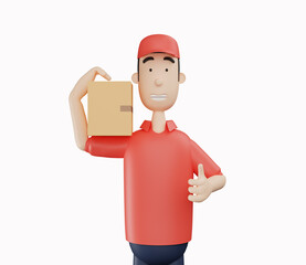 3d courier character holding cardboard while giving thumbs up on white background. 3d render illustration