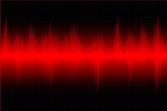 Hi tech futuristic sound waves oscillating glow light. in red color design layout background