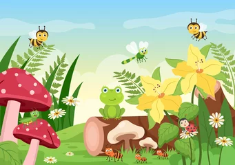 Papier Peint photo Chambre denfants Illustration de fond de dessin animé de beau jardin avec paysage nature de plantes, divers animaux, fleurs, arbres et herbe verte dans un style design plat