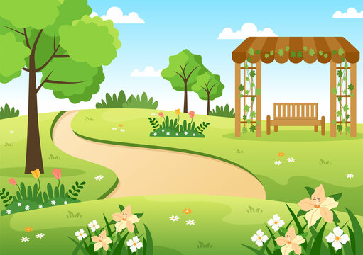 Beautiful Garden Cartoon Background Illustration With A Landscape Nature Of Plant, Flowers, Tree and Green Grass in Flat Design Style