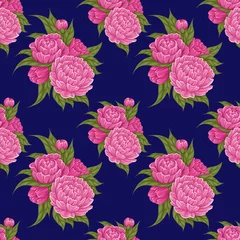 Poster Seamless pattern with cartoon lush peony flowers with foliage on dark blue background. Retro fabric swatch with floral bush. Vector botany texture © veleri_kz