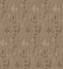 Seamless herbal pattern in sepia colors. Vector faded botanical texture with stems and twigs on beige background. Fabric swatch