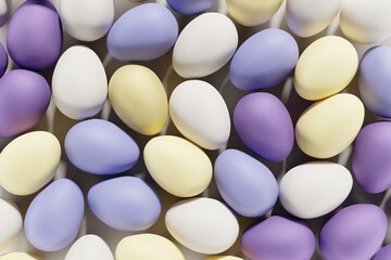 3d render of pastel colored violet, purple and yellow Easter eggs on a white background