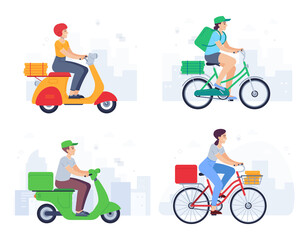 Cartoon characters delivering products on scooters and bicycles. Courier riding on vehicle with pizza boxes