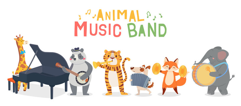 Animal musicians characters playing different musical instruments. Jazz band performing melody. Giraffe playing piano