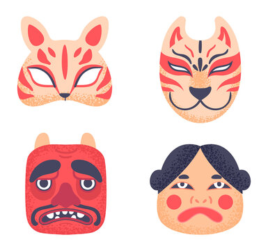 Asian culture symbols. Authentic japanese theatre masks faces. Traditional mythology characters for masquerade