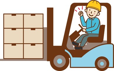 フォークリフトで荷物を運び、ガッツポーズをする男性作業員。