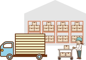 Obraz premium 倉庫の前でトラックに荷物を運ぶ女性作業員。