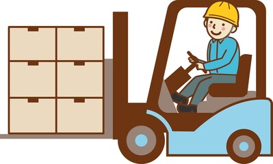  フォークリフトで荷物を運ぶ、男性作業員。