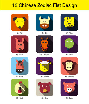 12 Chinese Traditional zodiac animal face flat icon design