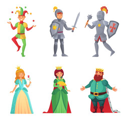 Fairytale characters. Historical medieval people, king and queen, princess and knight, jester. Woman and man of middle age