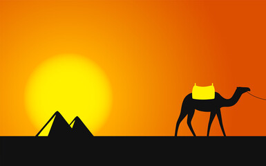Egypt Great Pyramids with Camel caravan on sunset background - Illustration
