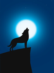 Wolf sitting and roaring on the ground, Background is moon