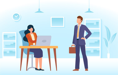 Job searching. Man candidate coming to hr office manager for interview. Recruiter sitting at desk with laptop. Hiring worker