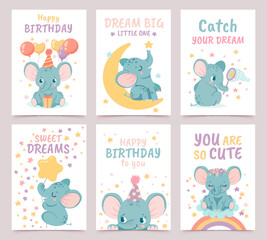 Nursery elephant posters. Cute animals celebrating birthday with gift box and balloons, sitting on moon, catching stars