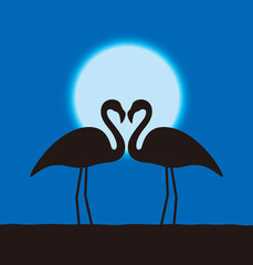 Naklejka premium Flamingo lover couple standing face to face, the background is the moon, bird series