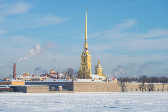 Peter and Paul Cathedral in the Peter and Paul Fortress on a sunny February day. Saint-Petersburg, Russia