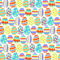 Hand drawn vector illustration of cute colorful easter eggs pattern. Eggs with different texture. - 497839861