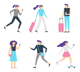 Walking people. Female and male characters lifestyle, girl running and using smartphone, skateboarding