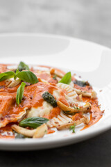 vegan mixed vegetable ravioli pasta with tomato and pumpkin sauce