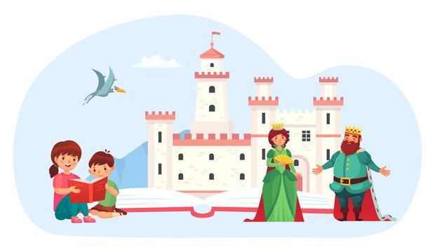 Little kid read book. Children reading fairy tale with medieval kingdom and queen and king. People imagining castle