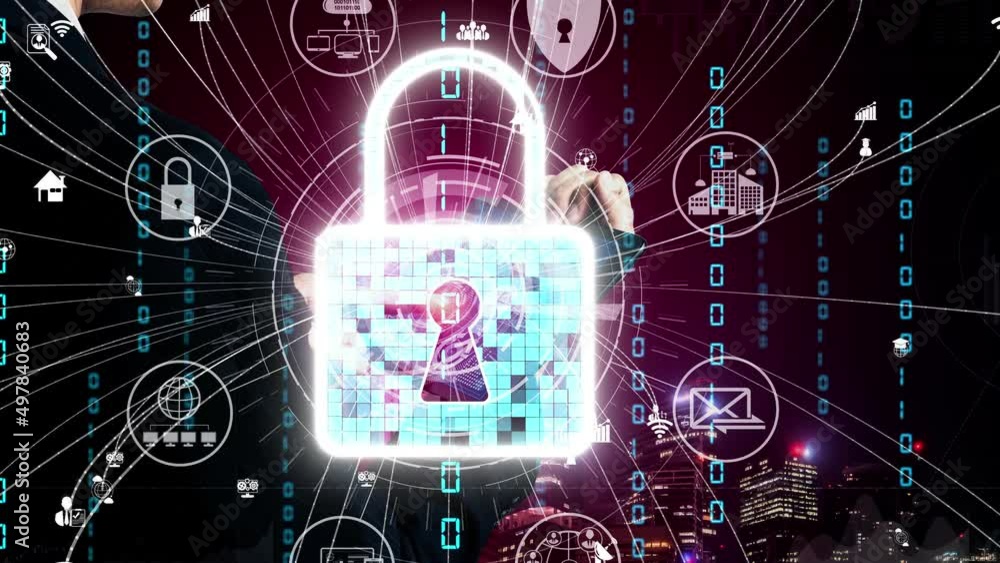 Poster cyber security encryption technology to protect data privacy conceptual . 3d render computer graphic
