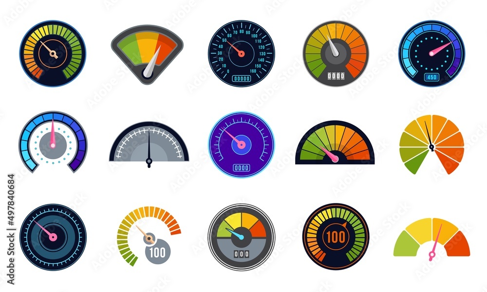 Poster speedometer set. score measuring indicator with arrows and marks. vector speed meter indicators