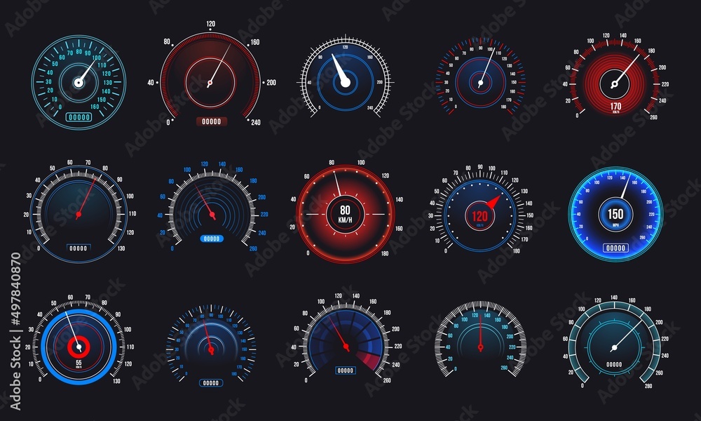 Poster car speedometers set. speed measurement automobile indicator, futuristic display with counter and ar