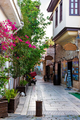 Naklejka premium Ottoman houses on the main pedestrian street in Antalya Old Town Kaleici district, Turkey