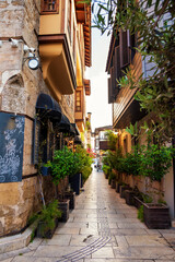 Antalya, Turkey. Houses in the Historical Distirict of Antalya Kaleici, Turkey. Old town of Antalya is a popular destination among tourists.
