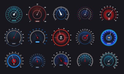 Car speedometers set. Speed measurement automobile indicator, futuristic display with counter and arrow. Vector set