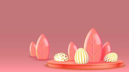 Easter festive composition. 3D Golden eggs and pink leaves on the podium