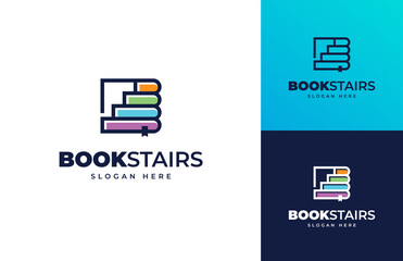 book stairs solution idea progress success education vector logo design, Stair stack book up step career school logo design