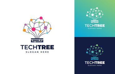Tech tree chain circle block connect circuit vector logo design, Modern green tech data system digital logo design