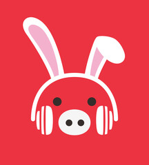 Cartoon Pig wearing a Rabbit's headset, , enjoy the music, vector