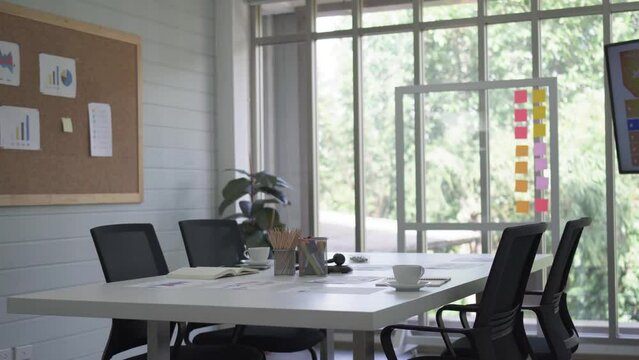 Empty business office, Office supplies on table in modern office room