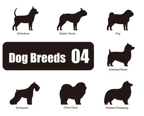 Dog breeds, standing on the ground, side view ,silhouette, black and white