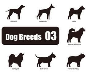 Dog breeds, standing on the ground, side view ,silhouette, black and white