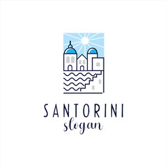 Santorini Aegean Sea Island Landmarks Travel Flat Concept Vector Illustration. Santorini greek island logo icon design template