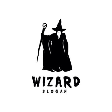 wizard logo icon magic hat design mascot  character witch fantasy isolated illustration symbol vector black silhouette
