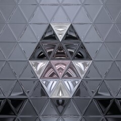 3D illustration of shiny chrome metallic pattern and  futuristic shape in creative triangular mosaic style design on a grey background